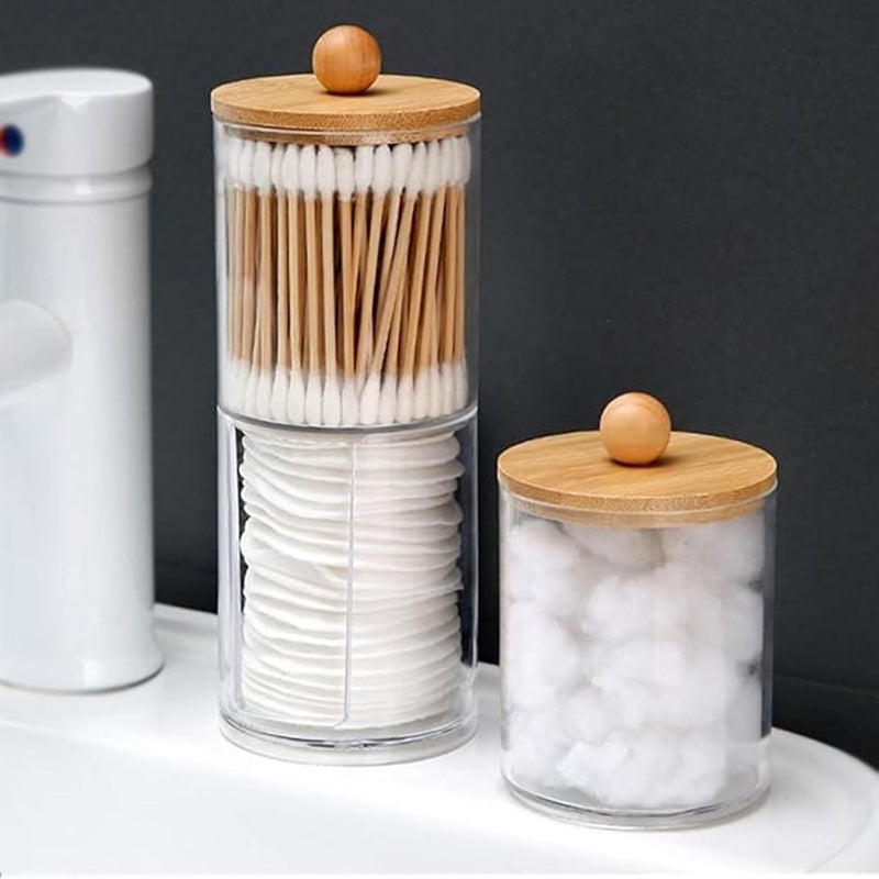 DIYOHFE 3PCS Acrylic Qtip Dispensers Holders With Wood lid, Clear Bathroom Round Countertop Storage Organizer Canister for Cotton Balls,Swabs,Pads,Bath Salts ,Makeup Sponges,Tooth Floss - Image 2